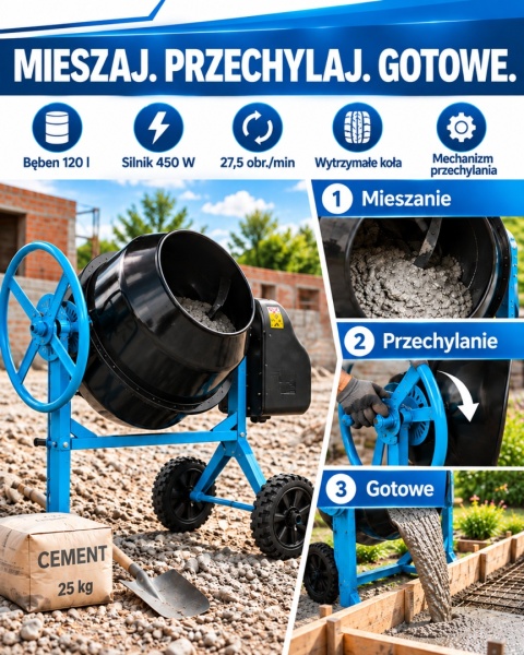 Betoniarka elektryczna BITUXX 120 l 450 W do betonu i zapraw
