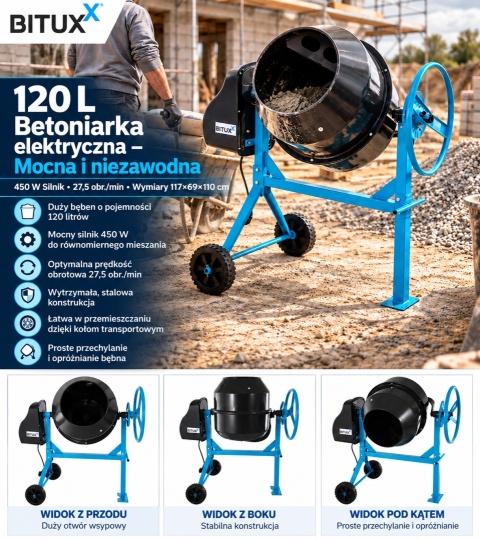 Betoniarka elektryczna BITUXX 120 l 450 W do betonu i zapraw