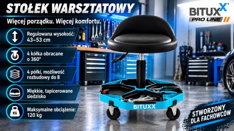 Stołek warsztatowy BITUXX Pro Line z regulacją wysokości 43–53 cm, wygodnym siedziskiem, 4 kółka
