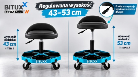 Stołek warsztatowy BITUXX Pro Line z regulacją wysokości 43–53 cm, wygodnym siedziskiem, 4 kółka