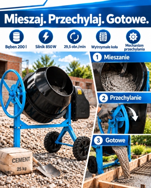 Betoniarka elektryczna BITUXX 200 l 850 W do betonu i zapraw