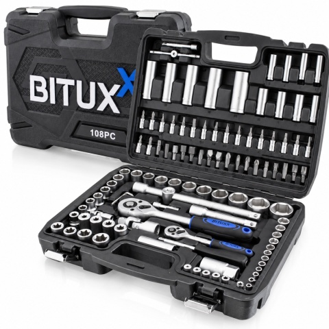 Bituxx zestaw kluczy nasadowych 108 el – grzechotka + nasadki chromowo-wanadowe