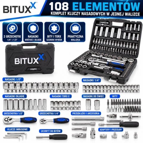 Bituxx zestaw kluczy nasadowych 108 el – grzechotka + nasadki chromowo-wanadowe