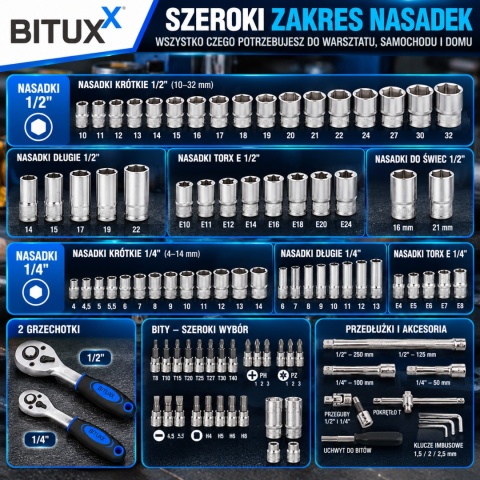 Bituxx zestaw kluczy nasadowych 108 el – grzechotka + nasadki chromowo-wanadowe