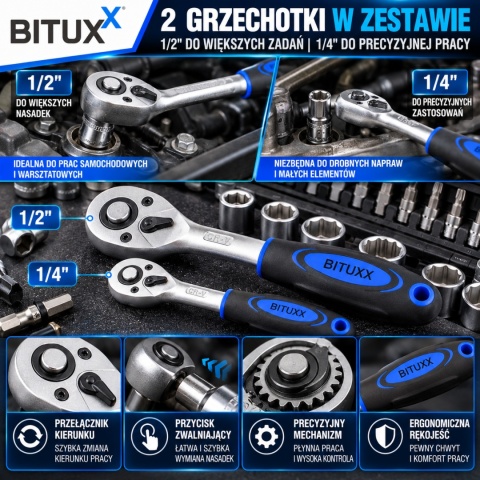 Bituxx zestaw kluczy nasadowych 108 el – grzechotka + nasadki chromowo-wanadowe