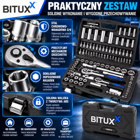 Bituxx zestaw kluczy nasadowych 108 el – grzechotka + nasadki chromowo-wanadowe