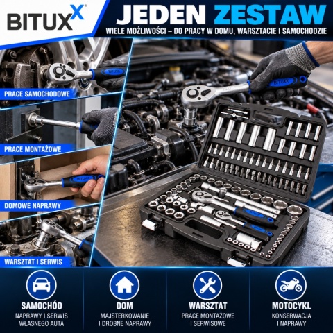 Bituxx zestaw kluczy nasadowych 108 el – grzechotka + nasadki chromowo-wanadowe
