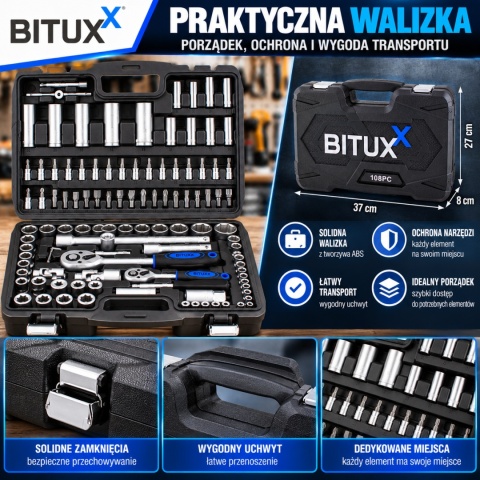 Bituxx zestaw kluczy nasadowych 108 el – grzechotka + nasadki chromowo-wanadowe