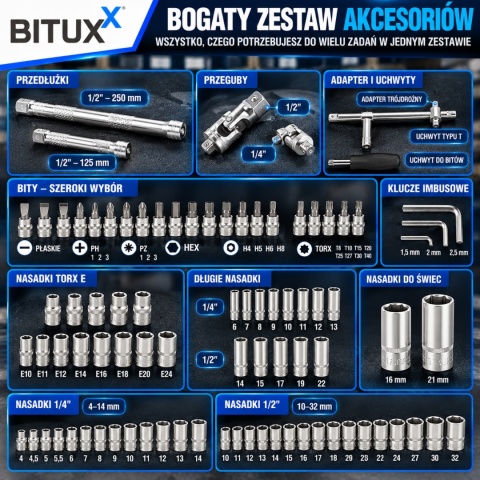 Bituxx zestaw kluczy nasadowych 108 el – grzechotka + nasadki chromowo-wanadowe