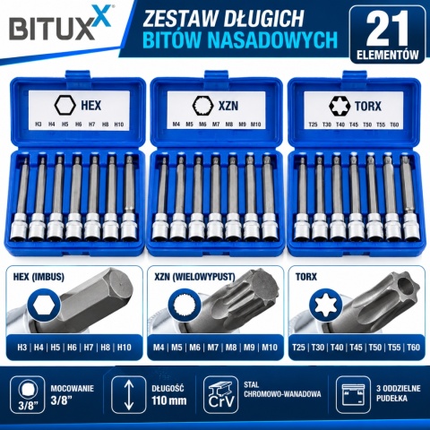 ZESTAW NASADEK SZEŚCIOKĄTNYCH BITUXX 3/8" H3-H10 M4-M10 T25-T60