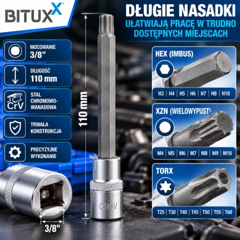 ZESTAW NASADEK SZEŚCIOKĄTNYCH BITUXX 3/8" H3-H10 M4-M10 T25-T60