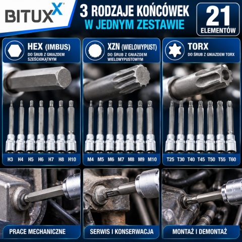 ZESTAW NASADEK SZEŚCIOKĄTNYCH BITUXX 3/8" H3-H10 M4-M10 T25-T60