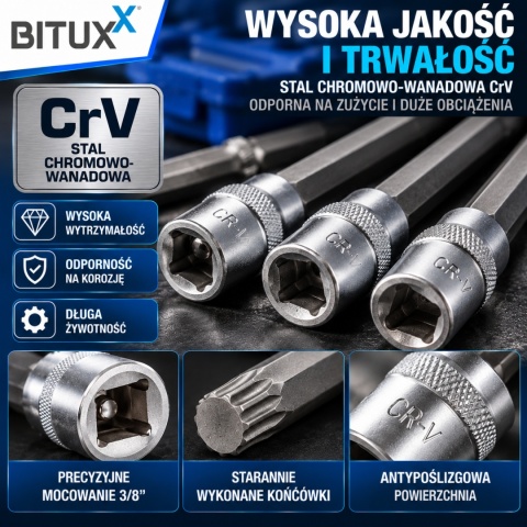 ZESTAW NASADEK SZEŚCIOKĄTNYCH BITUXX 3/8" H3-H10 M4-M10 T25-T60