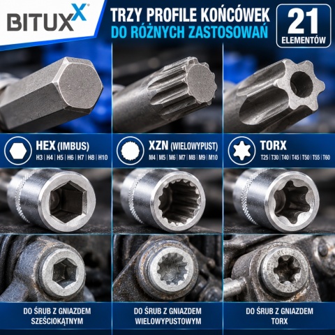ZESTAW NASADEK SZEŚCIOKĄTNYCH BITUXX 3/8" H3-H10 M4-M10 T25-T60