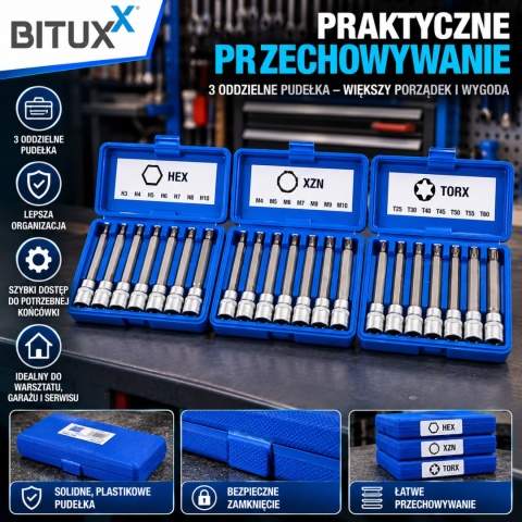 ZESTAW NASADEK SZEŚCIOKĄTNYCH BITUXX 3/8" H3-H10 M4-M10 T25-T60