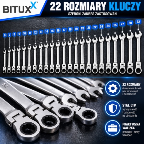 Zestaw Kluczy w walizce klucze płasko-oczkowe 22 elementy BituX z grzechotką