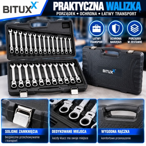 Zestaw Kluczy w walizce klucze płasko-oczkowe 22 elementy BituX z grzechotką