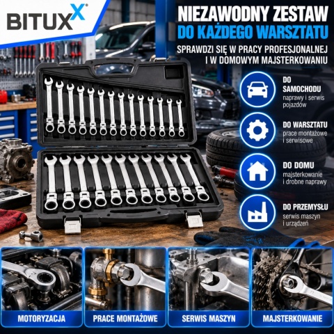 Zestaw Kluczy w walizce klucze płasko-oczkowe 22 elementy BituX z grzechotką