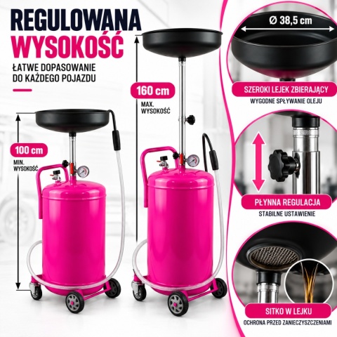 Zlewarka do oleju 80L różowa BITUXX z lejkiem warsztatowa do garażu